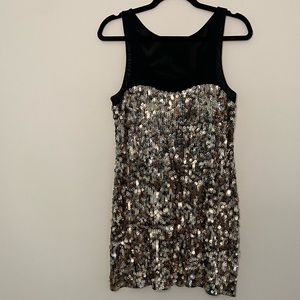 Gold sequin holiday/NYE dress with black mesh